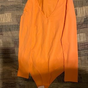 MANGDIUP Women's Long Sleeve Tops Basic V-Neck Leotard, orange